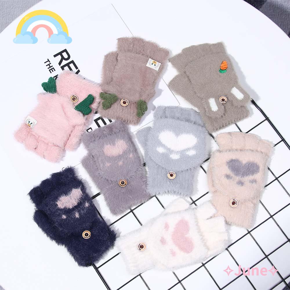 JUNE 1 Đôi Găng Tay Lông Xù Mềm Mại Họa Tiết Tai Thỏ / Hươu / Mèo Hoạt Hình