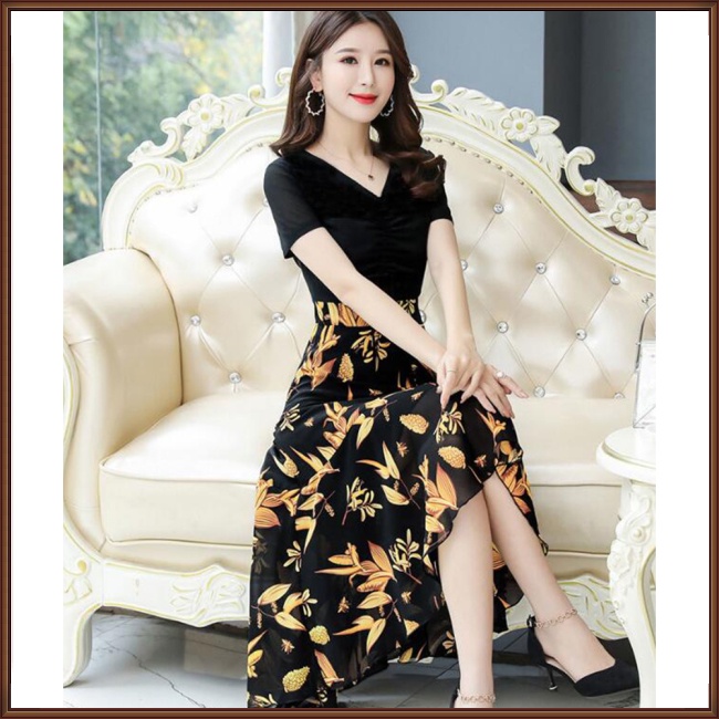 Đầm Midi Tay Ngắn Cổ Chữ V In Họa Tiết Hoa Thời Trang Mùa Hè Xinh Xắn Cho Nữ