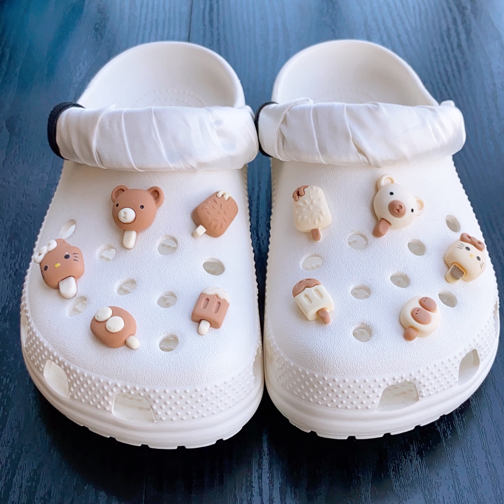 Set 10 Phụ Kiện Nút Thời Trang Hình Gấu / Chuột Mickey / Ruy Băng / Trà Sữa / Cà Phê Croc Jibz