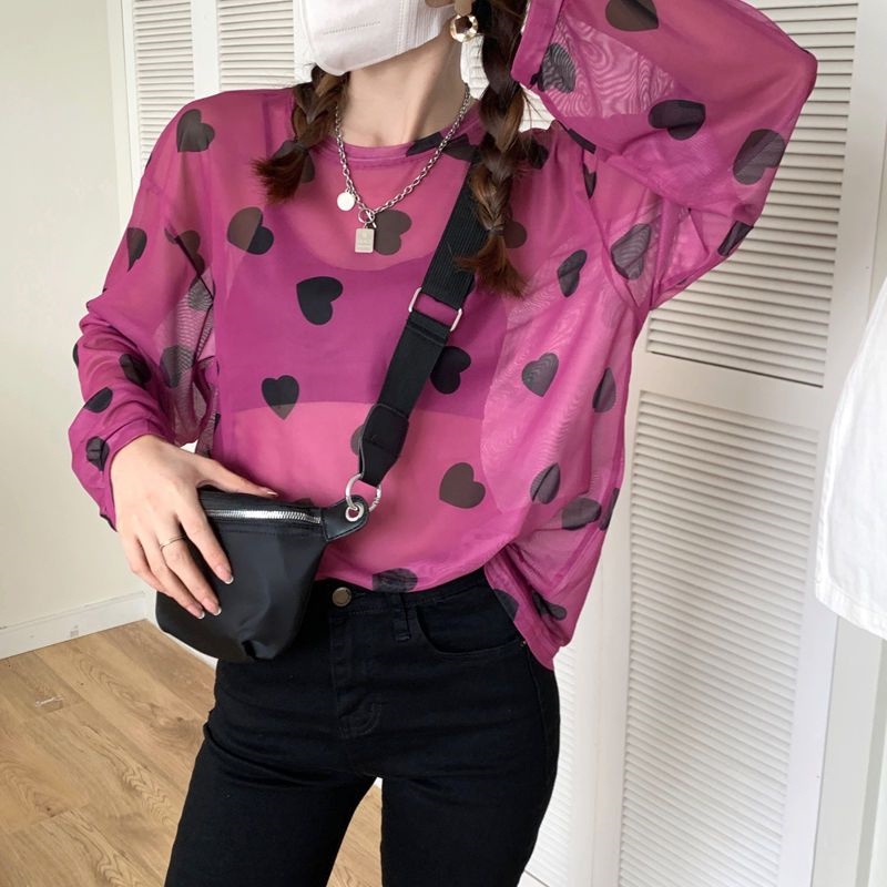 Áo Lưới Chống Nắng Tay Ngắn / Dài Dáng Rộng In Họa Tiết Trái Tim Raspberry Màu Hồng Phong Cách Đường Phố