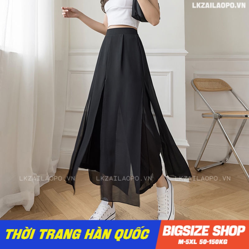 quần giả váy voan Bigsize quần ống rộng quần lửng 9 tấc nữ lưng cao cạp cao mỏng đen mùa hè Phong cách Hàn Quốc Thời Trang tiểu thư cá tính xinh đẹp cho người mập béo