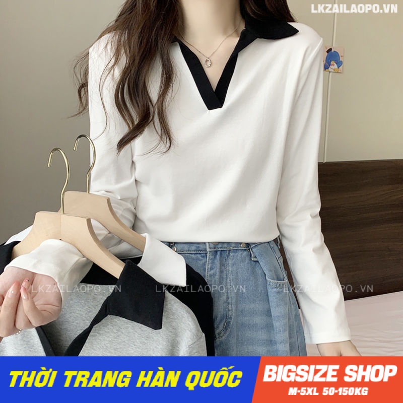 Áo thun nữ tay dài Bigsize Áo polo kiểu form rộng có cổ trắng mùa xuân Phong cách Hàn Quốc Thời Trang đẹp
