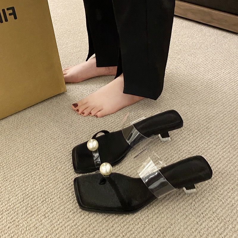 Dép Xỏ Ngón Cao Gót Trong Suốt Đính Ngọc Trai Thời Trang Hàn Quốc Dành Cho Nữ