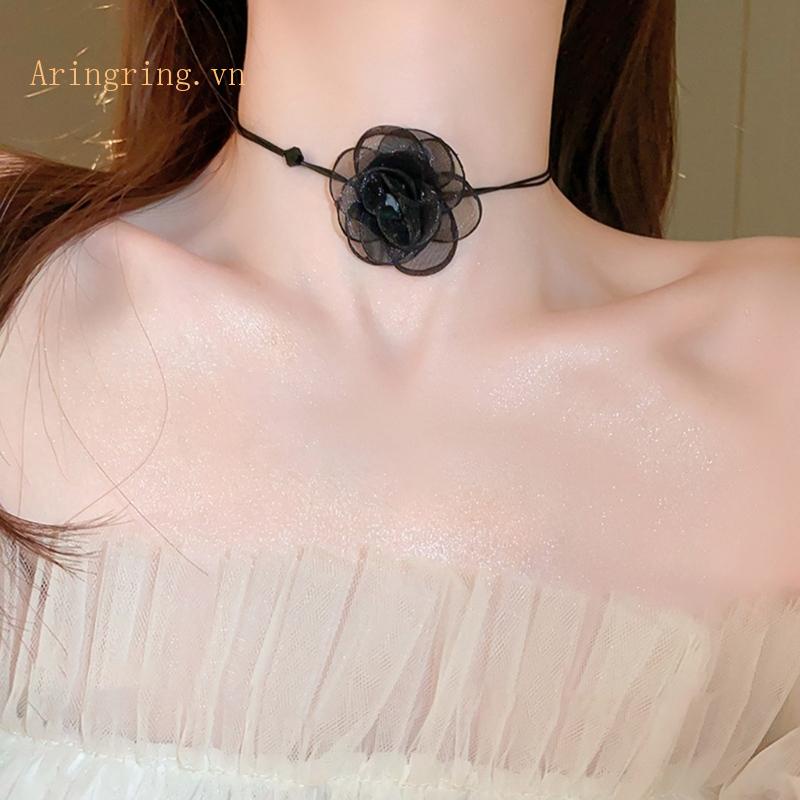 Vòng Cổ Choker Y2K Mặt Hoa Hồng Màu Đen Phong Cách Gothic Cho Nữ