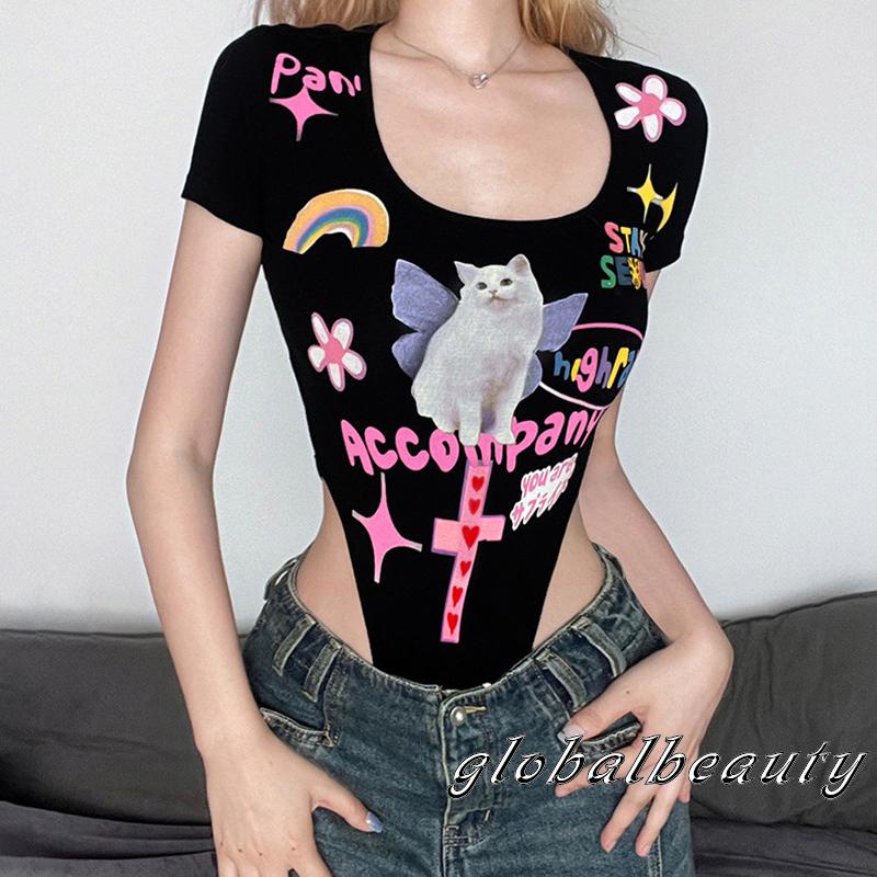 Áo Liền Quần Ngắn Tay Khoét Lưng Cao In Họa Tiết Hoạt Hình Cho Nữ