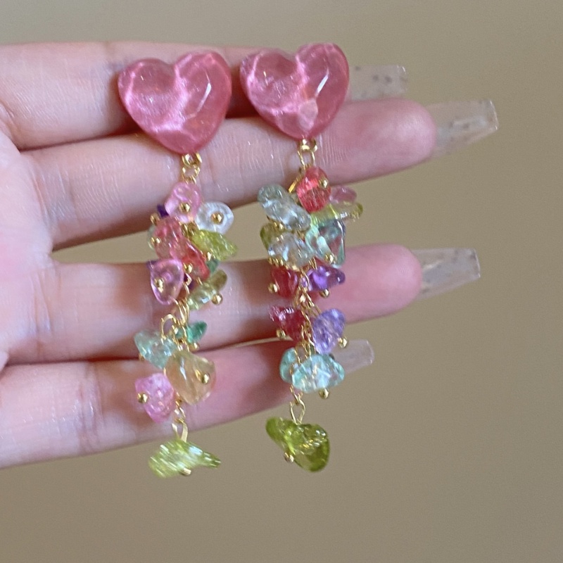 Hoa Tai Dáng Dài Mặt Hình Trái Tim Đính Đá Phối Tua Rua Thời Trang