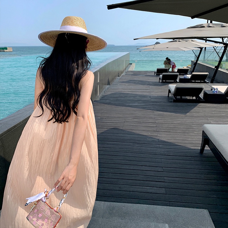 Ielgy Đầm Dây Mỏng Nhẹ Nhàng Và Thanh Lịch Trình Diễn Phong Cách Nước Ngoài Màu Trắng Và Phong Cách Kỳ Nghỉ Cho Nữ