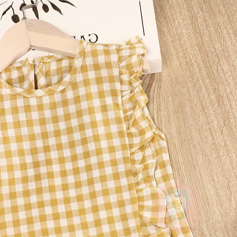 Set Áo Sát Nách Kẻ Sọc Caro + Quần Short Denim In Hoa Cúc Xinh Xắn Cho Bé Gái Laa