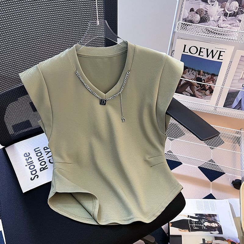 Áo Thun Cotton Tay Ngắn Phối Dây Xích Thời Trang Mùa Hè 2023 Dành Cho Nữ