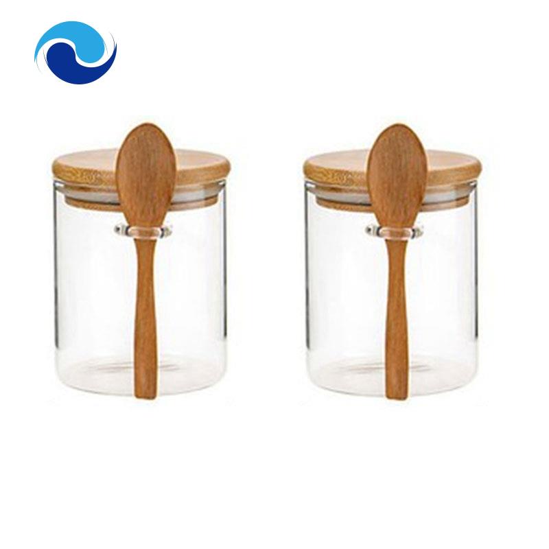 Set 2 Hũ Đựng Đường Có Nắp Tre Và Muỗng Bằng Thủy Tinh Trong Suốt Cho Nhà Bếp
