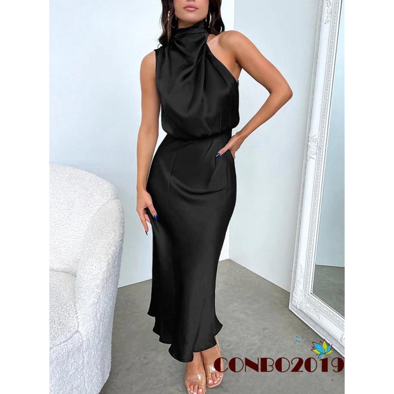 Đầm Dài Không Tay Cổ Lọ Chất Liệu Satin Màu Trơn Thanh Lịch Cho Nữ