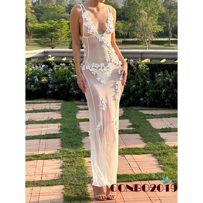 Đầm không tay Cổ Chữ V Phối Lưới Họa Tiết Hoa Thời Trang Đường Phố