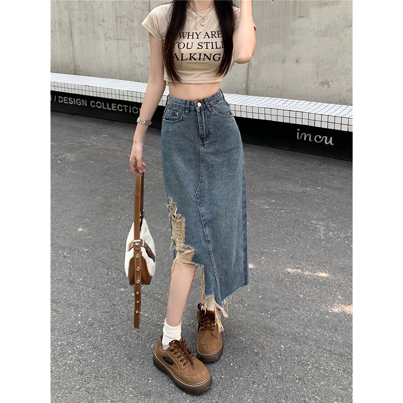 Chân váy jean Chữ A Lệch Tà Phong Cách Cổ Điển Mùa Hè Hàng Mới Dành Cho Bạn Nữ