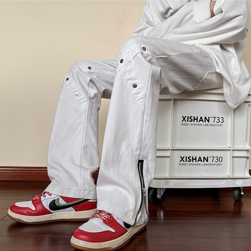 Quần Dài Dáng Suông Rộng Màu Đen Có Khóa Kéo Phong Cách Thời Trang Đường Phố Mỹ Cho Nam Giới