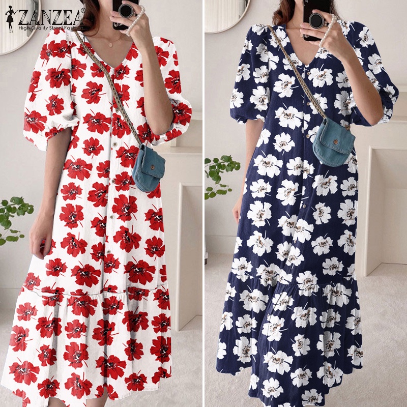 ZANZEA Đầm Tay Phồng Cổ Chữ V In Họa Tiết Hoa Phong Cách Hàn Quốc Thời Trang Cho Nữ