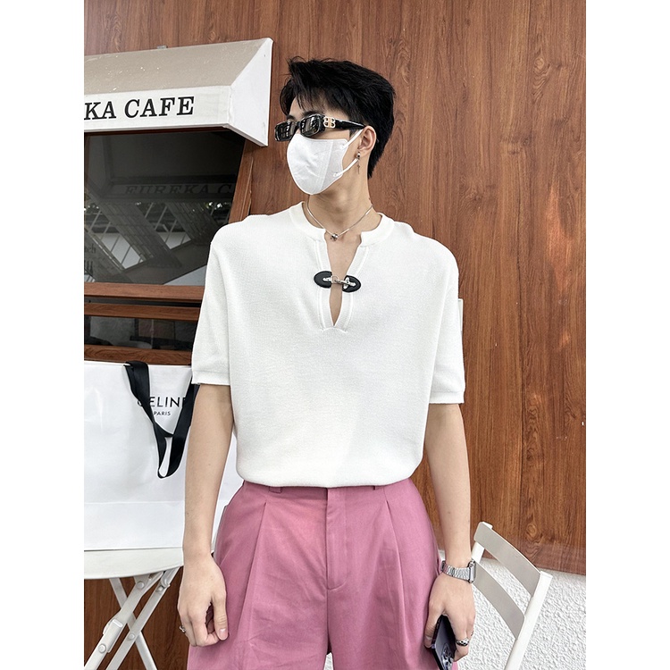 Áo Thun Tay Ngắn Cổ Chữ V Bằng Da Cao Cấp Phối Nút Độc Đáo Thời Trang Mùa Hè