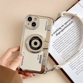 Creative and Personalized 3D Electroplated Camera Leather Hand Starp Phone Case Suitable for iPhone 15 Pro Max 11 14 13 12 Pro Max 14 Plus Shockproof Full Case