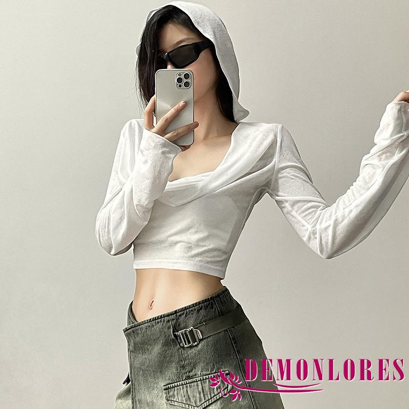 Demonlores Áo Croptop Có Mũ Trùm Đầu Tay Dài Màu Trơn Vừa Vặn Chống Nắng Phía Trước Cho Nữ