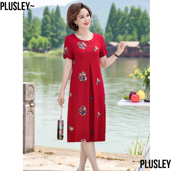 Đầm Cotton Lụa Cỡ Lớn Che Bụng Thời Trang Mùa Hè Mới 2020 Cho Nữ Trung Niên / 40 Tuổi / 50 Tuổi Bộ Áo + Chân Váy Cỡ Lớn Thời Trang Cho Mẹ Và Bé