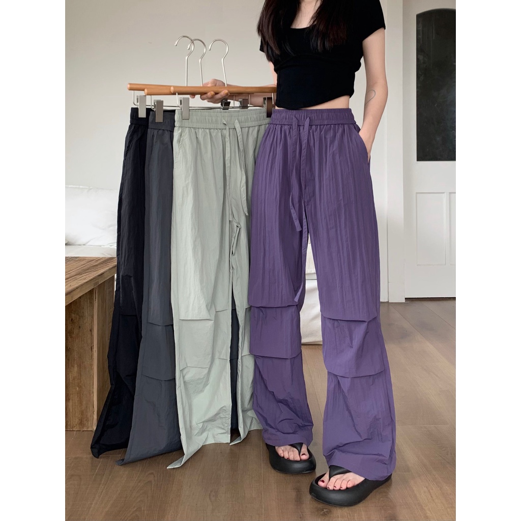 SUXI Quần Dài Ống Rộng Lưng Cao Phối Dây Rút Phong Cách Cổ Điển Đường Phố