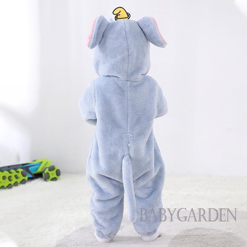 Áo Liền Quần Tay Dài Có Nón Bằng Vải Lông Cừu Giữ Ấm Mùa Đông In Họa Tiết Voi Dành Cho Bé 6-36 Tháng Tuổi