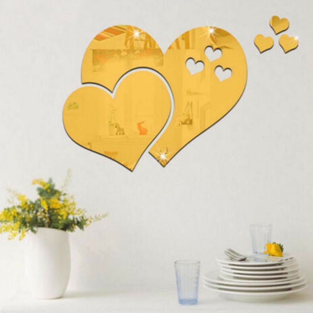 Đề Can Acrylic Hình Trái Tim 3D Tráng Gương Dán Tường Trang Trí Phòng Khách