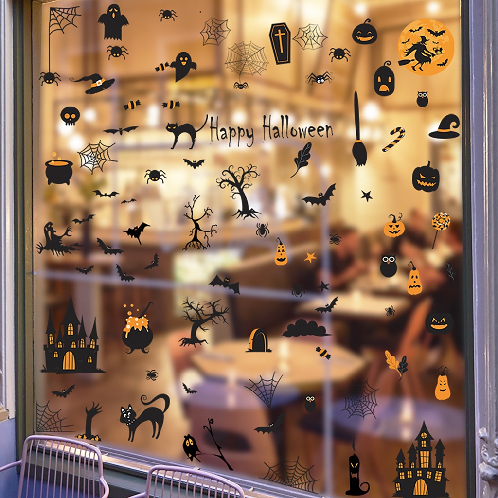 1 Bộ Nhãn Dán Tường Trong Suốt In Họa Tiết Bí Ngô Dơi Nhện Phù Thủy Có Thể Tháo Rời Trang Trí Nhà Cửa