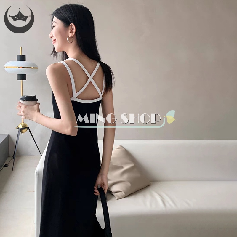 Đầm Dài Hai Dây Hở Lưng Màu Đen Gợi Cảm Cho Nữ