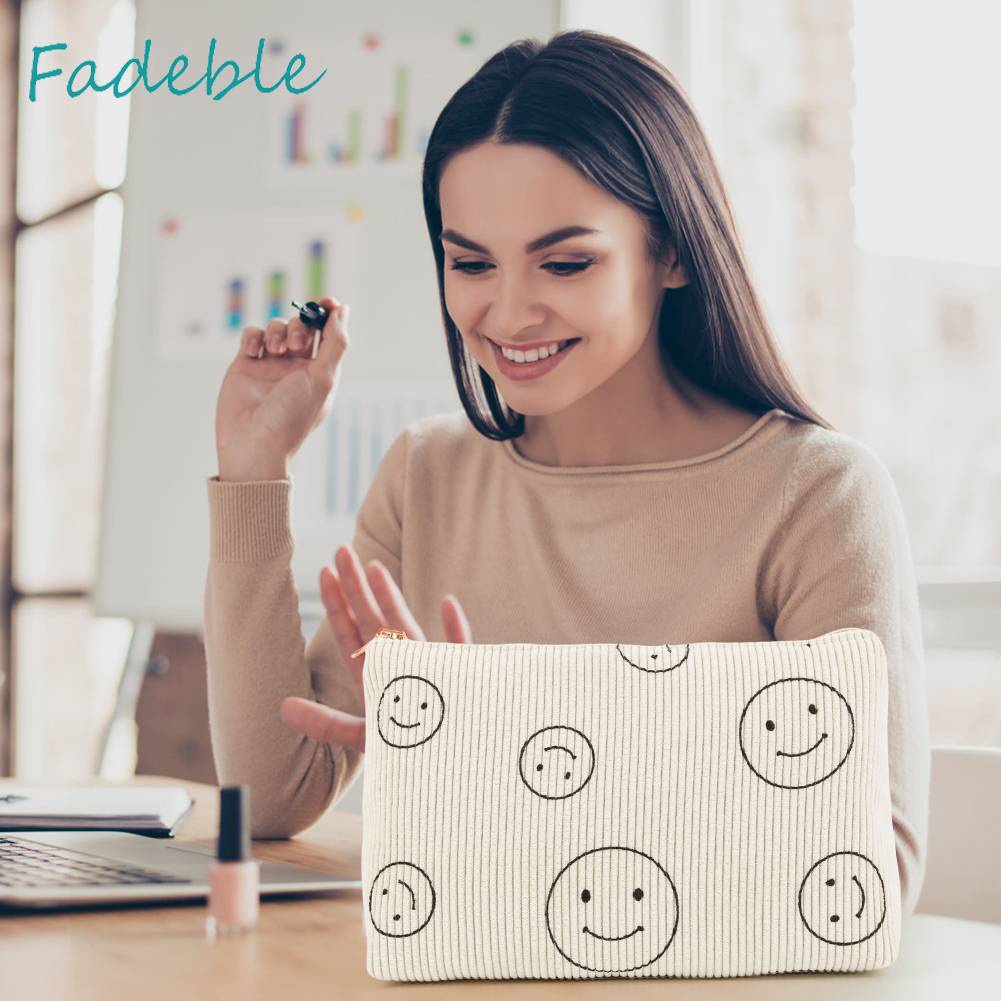 Túi Đựng Mỹ Phẩm Hai Mặt Bằng Vải Nhung Kẻ Dễ Thương Xinh Xắn