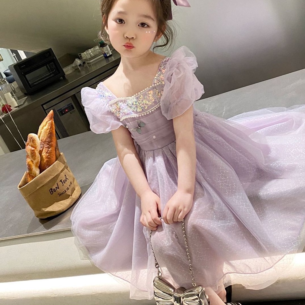 Đầm Công Chúa Tay Phồng Phối Lưới Đính Kim Sa Thời Trang Mùa Hè 2023 Cho Bé Gái