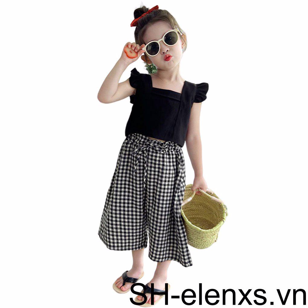Set Đồ 2 Món Gồm Áo Thun Hai Dây Hở Lưng Cột Dây Phối Quần Dài Ống Rộng Họa Tiết Sọc Caro Cho Bé Gái