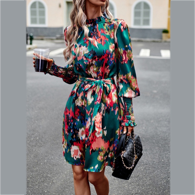 Đầm Chữ A Tay Dài Cổ Nhún Bèo In Họa Tiết Hoa Tinh Tế Thời Trang Xuân Hè Cho Nữ