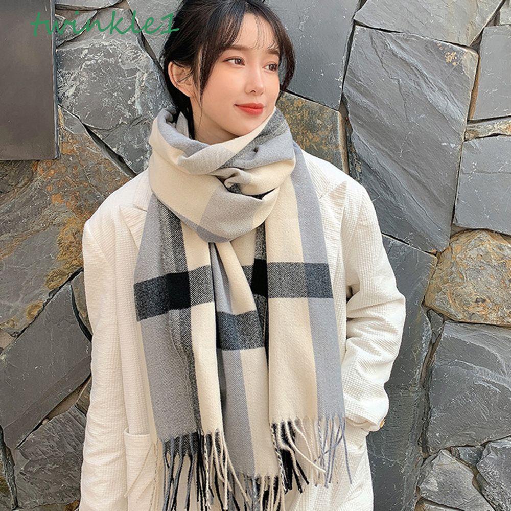 TWINKLE Khăn Choàng Cổ Vải Pashmina Mềm Mại Chống Gió Kẻ Sọc Ca Rô Phối Tua Rua Cho Nữ