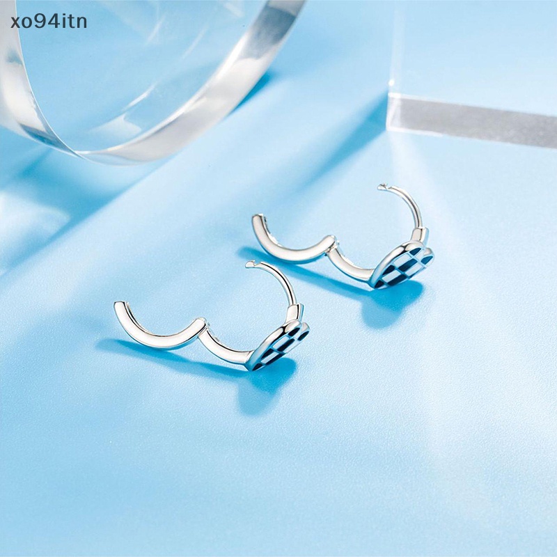 1 Đôi Bông Tai Bạc Hình Trái Tim Họa Tiết Sọc Caro Trắng Đen Sáng Tạo Dành Cho Nữ