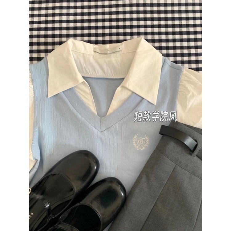 Set Áo Thun Ngắn Tay Giả Hai Lớp + Chân Váy Xếp Ly Phong Cách Preppy Thời Trang Mùa Hè Cho Bé Gái