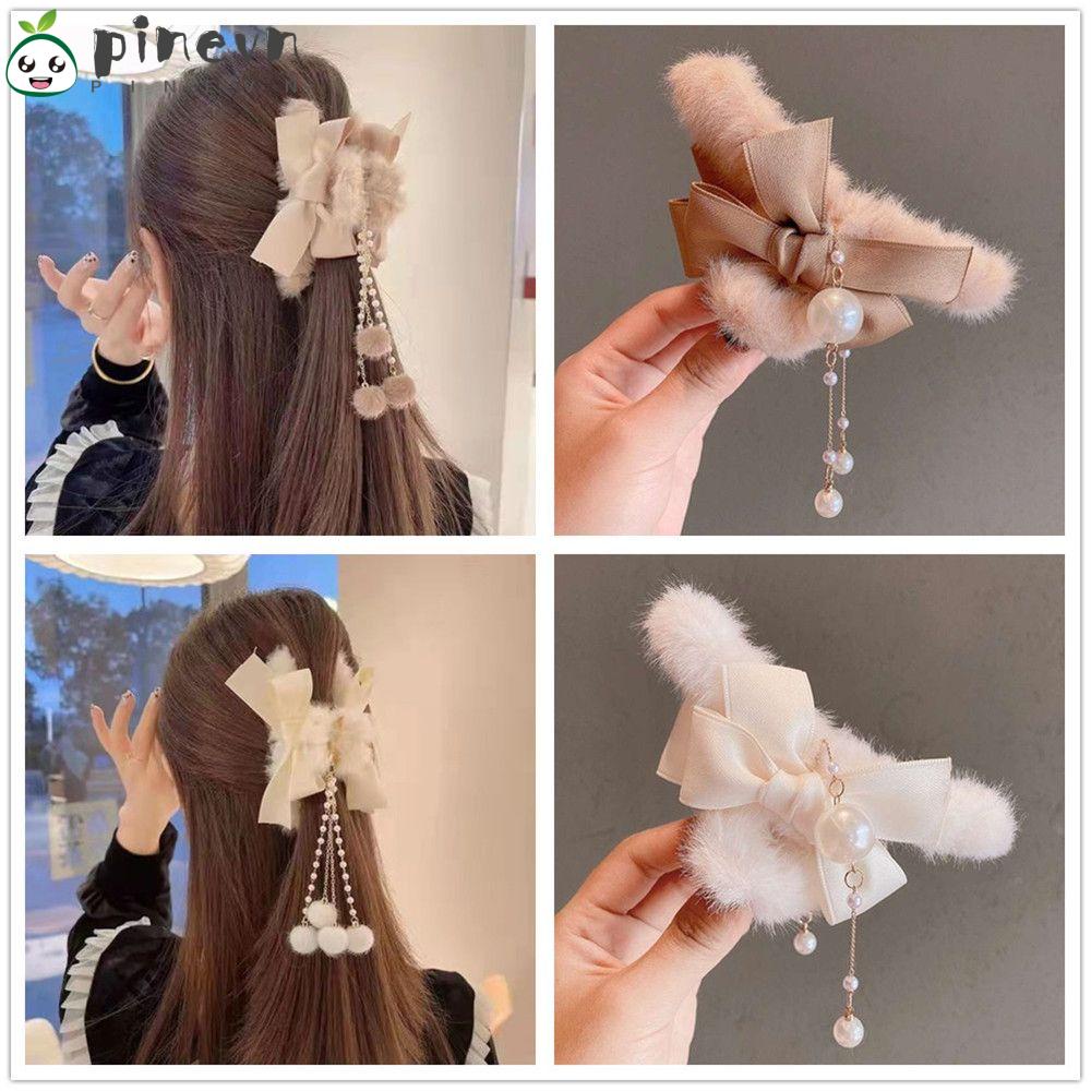 PINEVN Kẹp Tóc Càng Cua Dài Đính Lông Giả Thời Trang Thu Đông