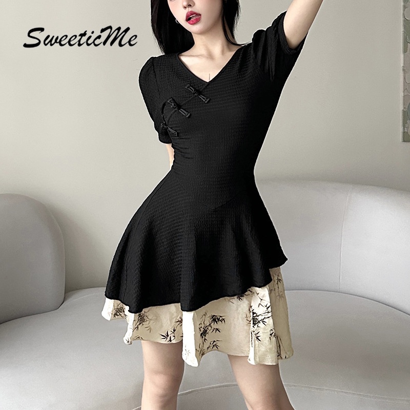 Đầm Tay Ngắn Cổ Chữ V Lưng Cao Thời Trang 2023 Quyến Rũ Cho Nữ