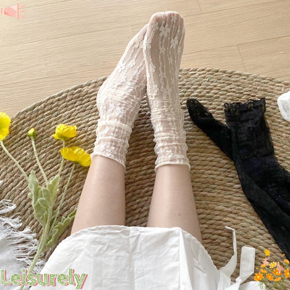 LEILY Set 2 Đôi Tất Lưới Mỏng Phối Ren Hoa Dễ Thương Phong Cách Lolita