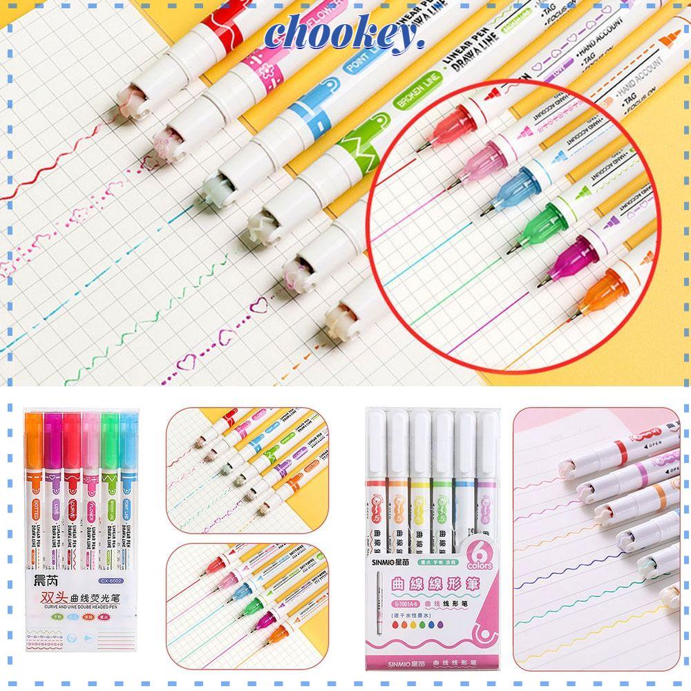 CHOOKEY Bộ 6 Bút Đánh Dấu Hai Đầu Dạng Cong Nhiều Hình Dạng