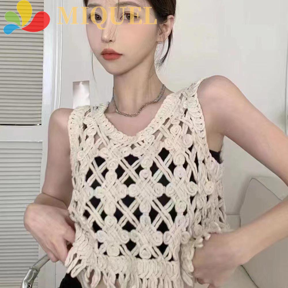 MIQUEL Áo Croptop Cotton Đan Móc Không Tay Họa Tiết Hoa Thời Trang Đi Biển