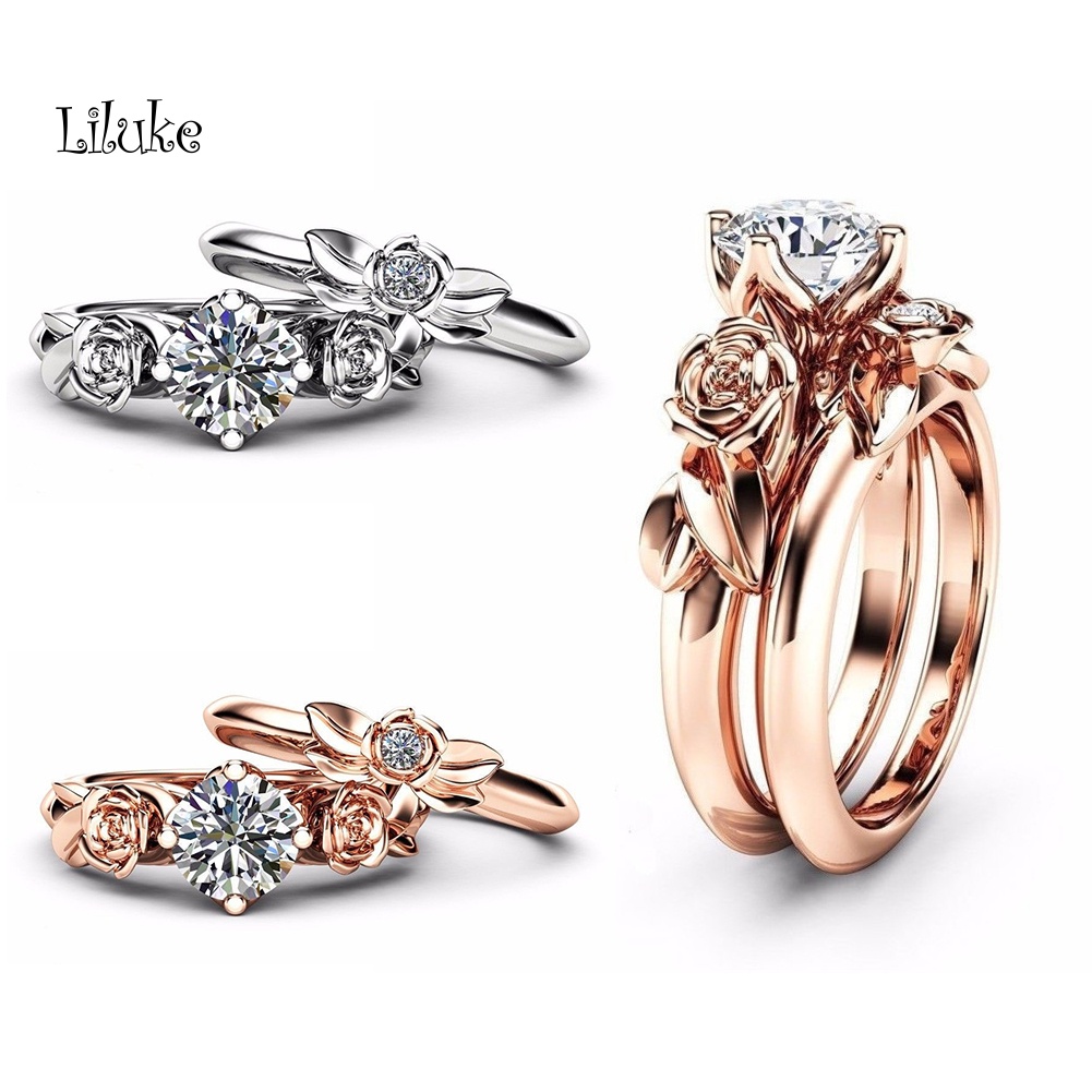 Bộ 2 Nhẫn Đính Đá Họa Tiết Hoa Hồng Thời Trang Cho Nữ