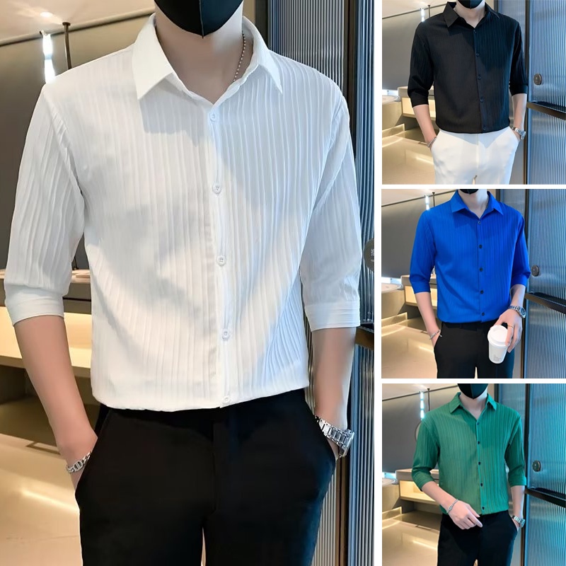 Áo sơ mi nam BEFOYI tay 3/4 màu trắng sọc mỏng cổ áo nếp vừa vặn thời trang mùa hè Hàn Quốc M-3XL