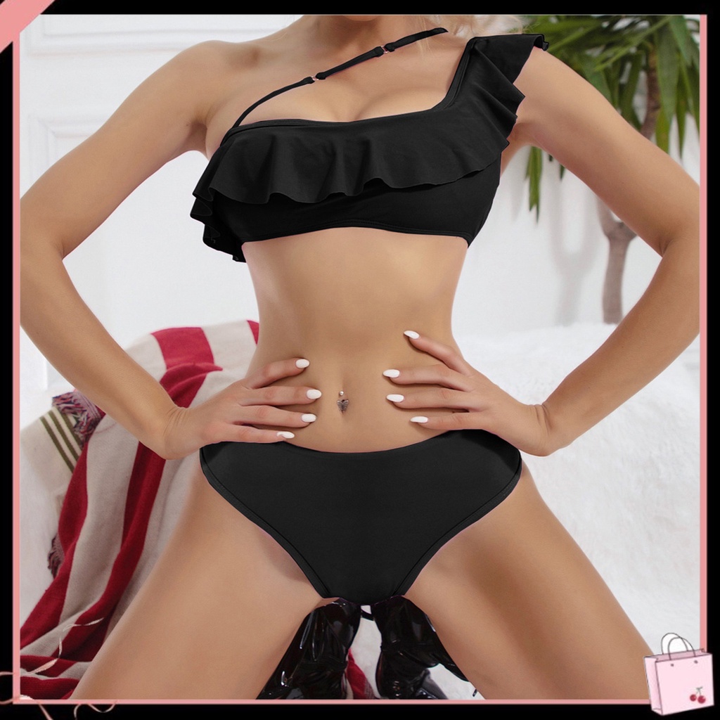 1 Bộ Đồ Bơi Bikini Hai Mảnh Bằng Polyester Siêu Mềm Viền Bèo Dễ Thương Cho Bạn Gái