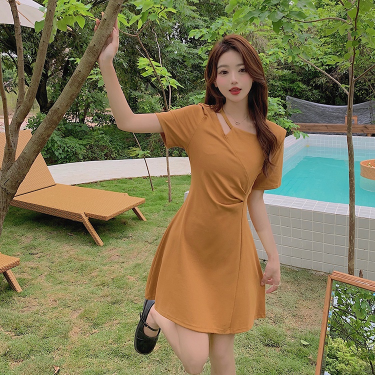 Đầm Tay Ngắn Cổ Tròn Màu Trơn Dáng Chữ A Thời Trang Mùa Hè Xinh Xắn Cho Nữ