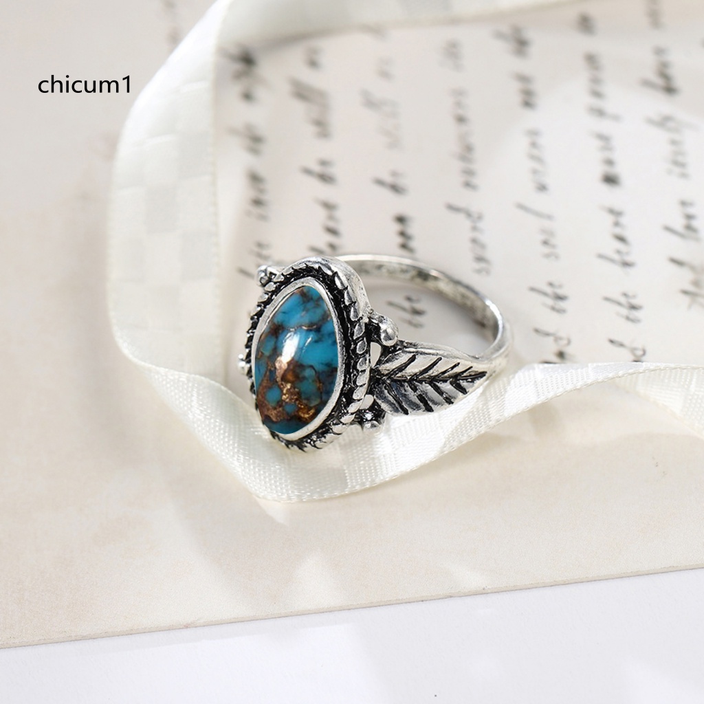 Nhẫn CC Đính Đá Ngọc Lam Nhân Tạo Hình Chiếc Lá Cao Cấp Chống Rỉ Sét Phong Cách Vintage Cho Nam Nữ