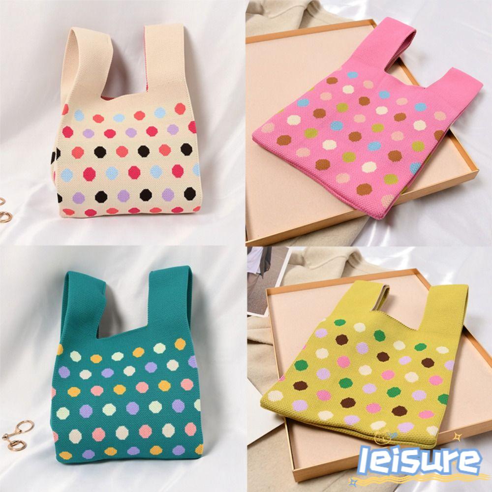 LEISURE Túi Xách Đan Len Mini Họa Tiết Chấm Bi Thắt Nút Thời Trang Cho Nữ