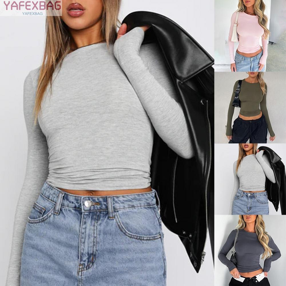 Women Long Sleeve Round Neck Slim Fit Crop Top Bodycon Basic Pullover T Shirt