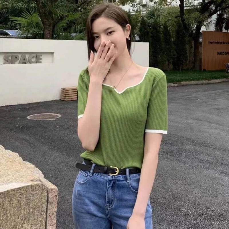 Nzn Áo Sơ Mi Dệt Kim Ngắn Tay Màu Trơn Thời Trang Mùa Hè Cổ Điển Dành Cho Nữ