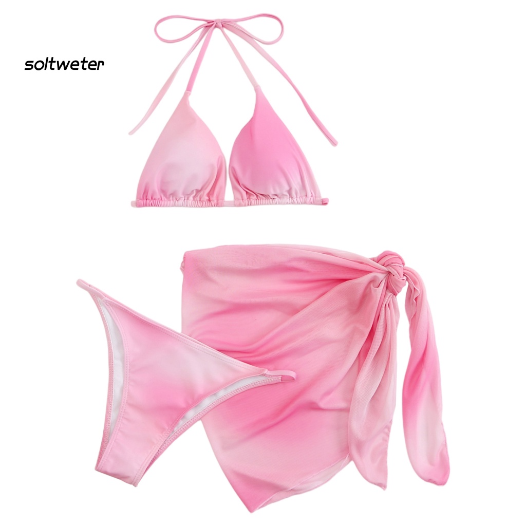 Bộ Đồ Bơi 3 Món Gồm Áo Cổ Yếm + Chân Váy Cột Dây Màu Sắc Trơn In Họa Tiết Gợn Sóng Quyến Rũ