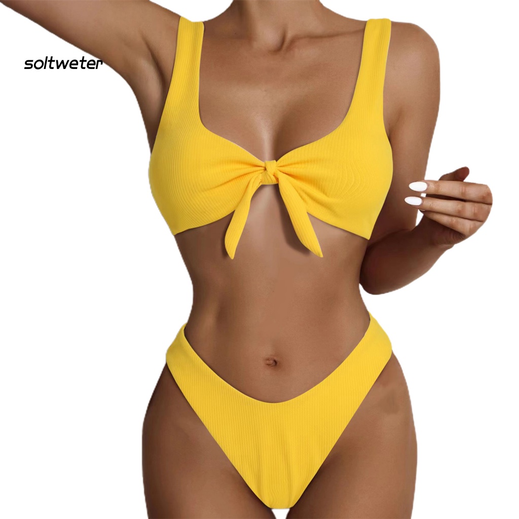 Bộ Đồ Bơi Tam Giác Lưng Cao Màu Sắc Trơn Thắt Nút Phía Trước Quyến Rũ Cho Nữ